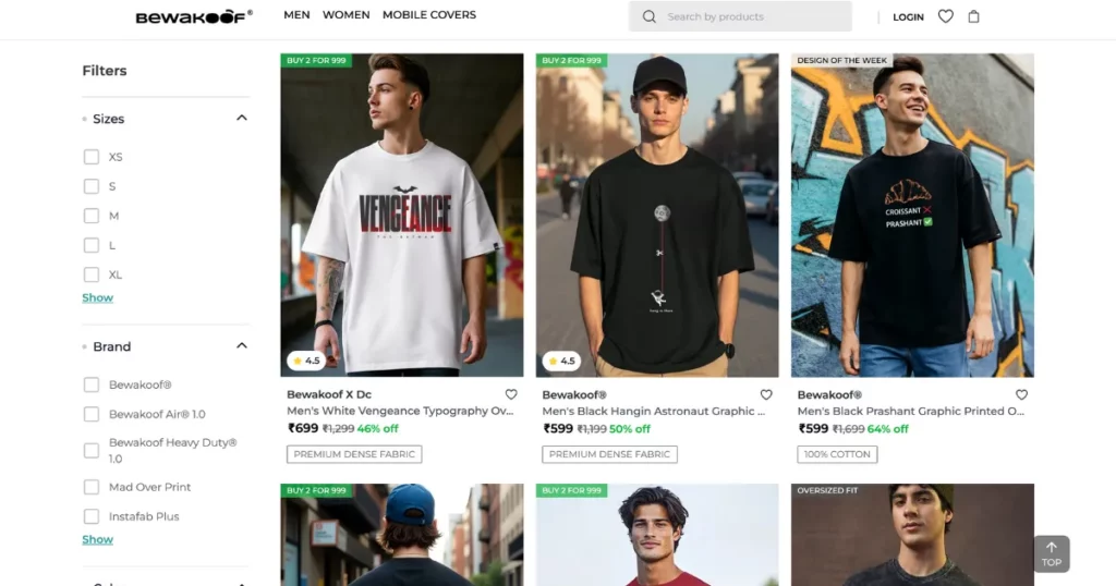 over-sized t-shirt designs in bewakoof
