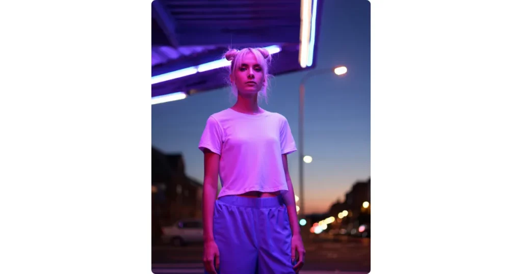 girl stands under street light