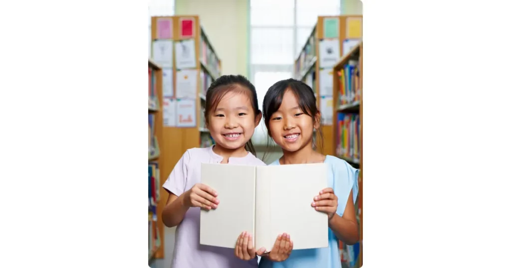 happy kids with books in a library