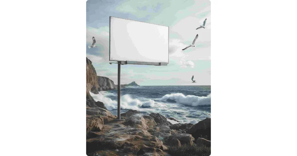 a billboard standing by the coast