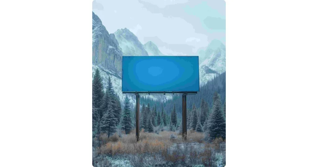 a blue billboard in the winter mountain environment