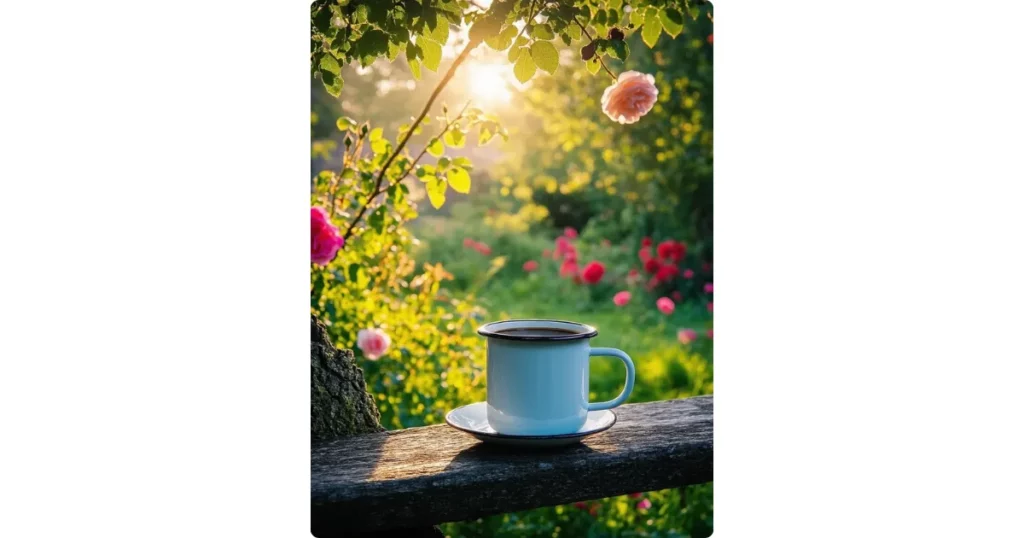 a ceramic mug in a sunlit garden