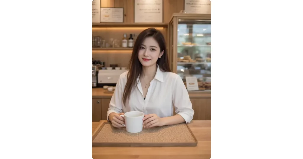a girl in a cafe with a mug
