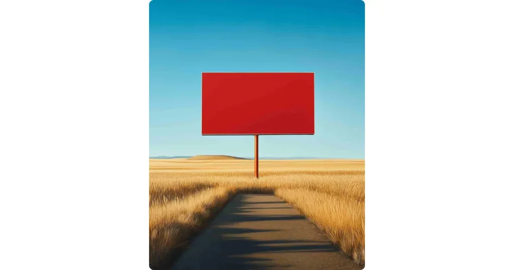 a red billboard in an open landscape