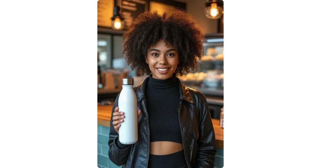 a young woman holding a bottle