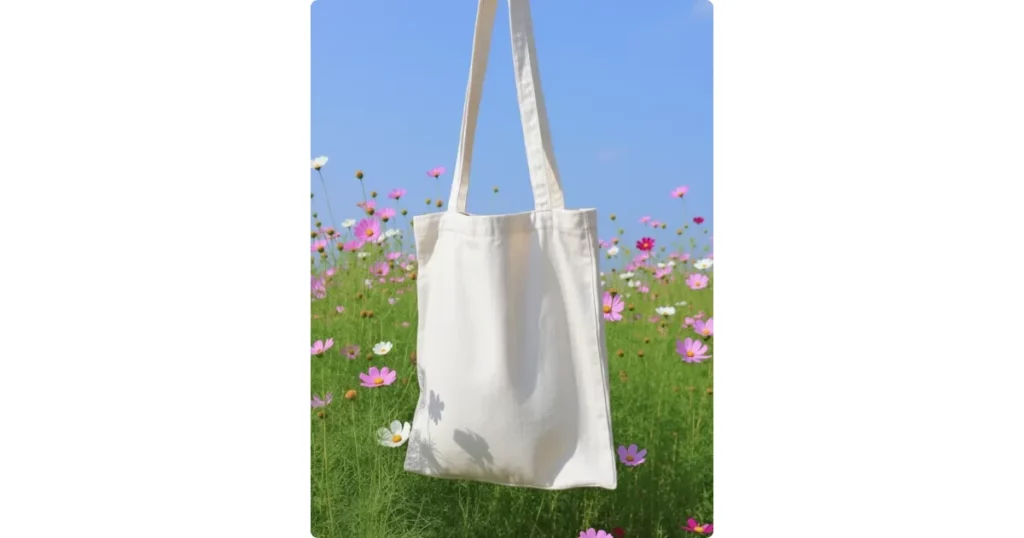 cosmos flowers surround the tote bag